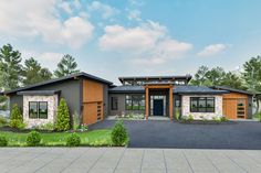 this is an artist's rendering of a modern style home in the country side