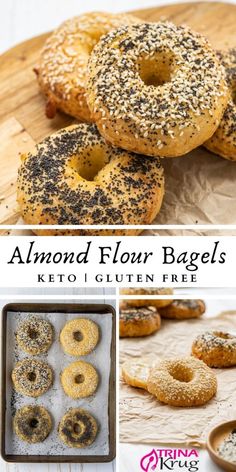 an image of bagels with different toppings on them and the words almond flour bagels