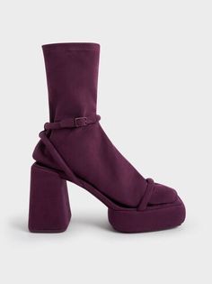 Burgundy Lucile Textured Platform Calf Boots | CHARLES & KEITH Obscure Fashion, Platform Calf Boots, Square Toed Boots, Fabric Reference, Colorful Clothing, Platform Boots Women, Grace Jones, Nylons Heels, Rich Burgundy