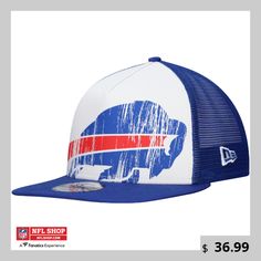 Show off your Buffalo Bills fandom with this New Era Distressed 9FIFTY A-Frame Snapback Hat. The distressed screen print logo on the front panel adds a vintage vibe, while the contrast-color undervisor provides a modern twist. Constructed with a blend of cotton and polyester, this hat offers breathability and comfort, making it a must-have for any Bills fan. Buffalo Bills Hat, Buffalo Bills Gear, Nfl Buffalo Bills, Stylish Caps, Nfl Gear, The Buffalo, Shield Design, Boys Accessories, Buffalo Bills