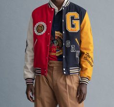 Wool GANT Varsity Badge Jacket with Leather Sleeves Merch Inspiration, Golden Bear, Leather Sleeves, Letterman Jacket, Genuine Leather Jackets, Velvet Jacket, Leather Sleeve, Leather Jacket Men, Wool Jacket