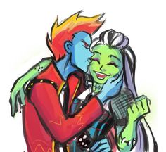 two people are hugging each other while one is wearing a red jacket and the other has green hair