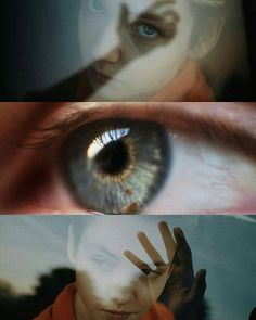 three different pictures with one person's eye and the other hand in front of them