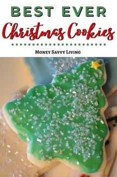 christmas cookies with green frosting and sprinkles on top, in the shape of a tree