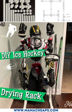 an ice hockey goalie's gear is displayed in front of a wall with the words diy ice hockey drying rack