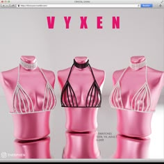 three pink mannequins with pearls on them and the words vyxen