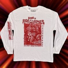 Rob Zombie’s HOUSE OF 1000 CORPSES Long Sleeve T-Shirt | XL | Unisex Adult | NWT  | eBay House Of 1000 Corpses Wallpaper, Rob Zombie Shirt, House Of 1000 Corpses, Horror Prints, Zombie Shirt, Rob Zombie, T Shirt Picture, Streetwear Men, Streetwear Men Outfits