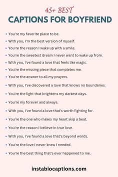 Discover heartfelt captions for your boyfriend! Express your love and appreciation with these romantic and sweet caption ideas for Instagram and social media. Find the perfect words to capture your relationship in a meaningful way. Quotes Aesthetic Boyfriend, Short Msg For Boyfriend Love Quotes, Rose Day Caption For Boyfriend, Sweet Caption For Boyfriend, Best Caption For Boyfriend, Cute One Liners For Boyfriend, Sarcastic Captions For Boyfriend, Appreciation Captions For Instagram, One Word For Boyfriend