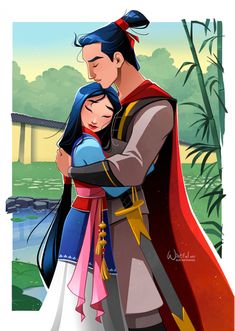 an image of a man and woman in disney's mulan costumes hugging each other