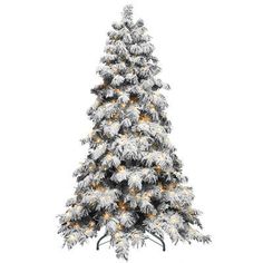 a white christmas tree with lights and snow on the branches, against a white background