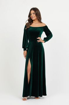 Dark Emerald Green Velvet Dress, Bridesmaid Dress, Off The Shoulders Dress, Wedding Guest Dress, Evening Dress, Slit Dress, Gown Dress. This dress is perfect for any occasion- can be like a bridesmaid dress, evening gown, mother of the bride dress, evening dress, reception dress, wedding guest dress, maid of honor dress or simple wedding dress. More Velvet dresses you can find here: https://www.etsy.com/shop/DesirCouture?ref=shop-header-name&listing_id=1164808298&from_page=listing&section_id=37144974 You can style the dress for more elegant look and warmer feeling with matching velvet capelet: https://www.etsy.com/shop/DesirCouture?section_id=41041632 Silk Satin dresses you can find here: https://www.etsy.com/shop/DesirCouture?ref=shop-header-name&listing_id=1243651399&from_page=listing&se Emerald Green Velvet Dress, Long Velvet Dress, Winter Bridesmaid Dresses, Green Wedding Dresses, Off Shoulder Evening Dress, Fall Bridesmaid Dresses, Velvet Bridesmaid Dresses, Dark Green Dress, Maid Of Honour Dresses