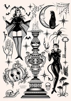 black and white drawing of various halloween items