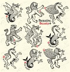 zodiac symbols and their meanings in the form of horses, dragon, lions, dolphins