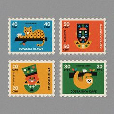 four different postage stamps with animals on them