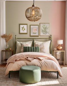 Bring a touch of nature into your bedroom with soothing green and blush tones, soft textures, and botanical wall art. This cozy and modern boho look is perfect for creating a peaceful retreat that feels warm and inviting. The rattan light fixture and velvet pouf add a hint of organic charm. #NatureInspiredDecor #GreenAndBlushBedroom #BohoBedroom #BotanicalArt #PeacefulRetreat #CozyBedroom #BedroomDecor #HomeInspo Green Room Ideas Bedroom, Nature Inspired Bedroom, Rattan Light, Rattan Light Fixture, Nature Inspired Decor, Bedroom Boho, Botanical Wall Art, Boho Bedroom