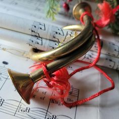 an old brass trumpet is on top of sheet music with red string and flowers in the background