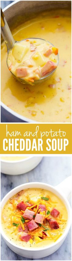 ham and potato cheddar soup in a white bowl