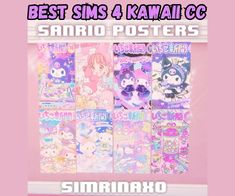 the best sms & kawaiicc sanrio posters are on display in front of a pink wall