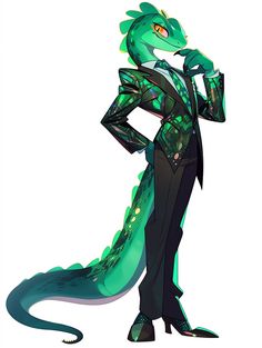 a man in a suit and tie standing next to a green dragon tail, with his hands on his hips