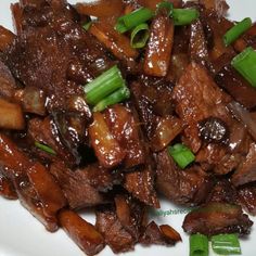 a white plate topped with meat covered in gravy and green onion wedges