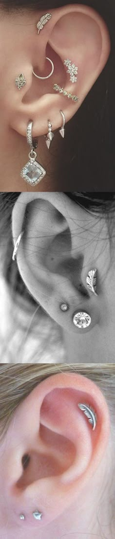 three different types of ear piercings in black and white, with the same color