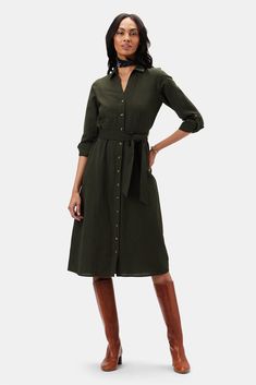 Joyce Cotton Linen Dress - Olive Green Cotton Linen Dresses, Olive Green Color, Green Outfit, Button Dress, Shirtdress, Slim Waist, Collar Dress, Linen Dress, Fit In