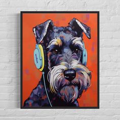 a painting of a dog with headphones on it's ears is hanging on a brick wall