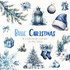 blue christmas watercolor clipart