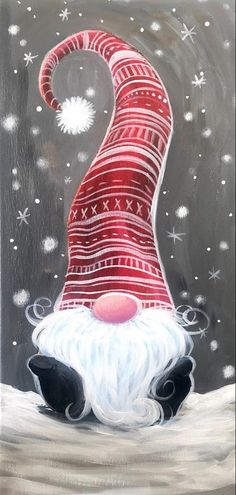 a painting of a red and white santa clause with snowflakes on the ground