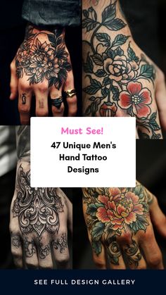 Explore 47 unique men's hand tattoo designs featuring various styles to inspire your next tattoo idea. The pin includes a collection of creative tattoos perfect for men.