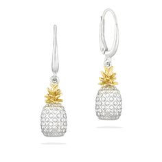 14K Yellow Gold and Sterling Silver Pineapple Leverback Earrings. The earrings measure approximately 1 3/16" in total length, including the leverbacks. The Pineapple measures approximately 9/16" in length and 1/4" in width. Pineapple Jewelry, Leverback Earrings, Pineapple, Jewelry Earrings, Yellow Gold, Personalized Items, Drop Earrings, Sterling Silver, Yellow