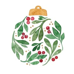 a watercolor christmas ornament with green leaves and berries