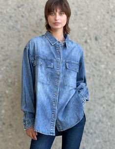 We set out to design a denim shirt that was adorable/comfy-beyond-words/every-day versatile. We didn't know it would become one of our all-time faves. Introducing the Oversized Denim Shirt from Wash Lab, in super-soft premium denim, in a flowy-free oversized cut that just feels...perfect! The model is 5'7" wearing size small Fabric: 100% Cotton Indigo Washed Denim Jacket For Everyday, Everyday Denim Blue Tops For Fall, Oversized Washed Denim Blue Top, Dark Wash Oversized Denim Top, Everyday Blue Denim Top For Fall, Everyday Medium Wash Chambray Denim Top, Dark Wash Chambray Tops For Everyday, Everyday Dark Wash Chambray Tops, Everyday Washed Indigo Tops