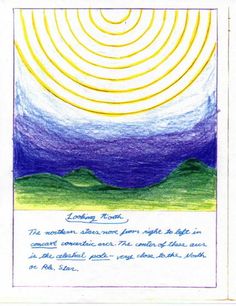 a drawing with an image of the sun and mountains in blue, yellow and green