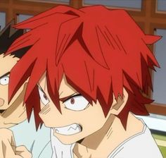 two anime characters one with red hair and the other with green eyes looking at something