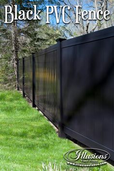 the black fence is in front of some trees and grass with text overlaying it that reads, black p v fence