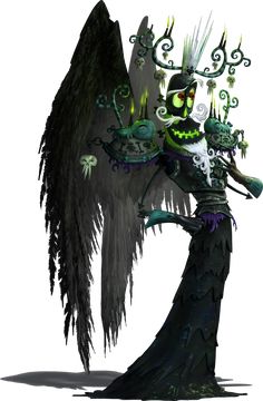 an animated character with green eyes and black hair holding two large wings, while standing in front of a white background