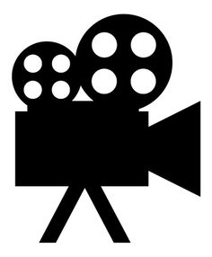 a black and white silhouette of a film camera on a tripod with four circles