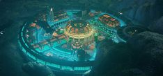 an aerial view of a futuristic city lit up in green and yellow lights at night