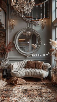 a fancy living room with chandelier, couch and large mirror on the wall