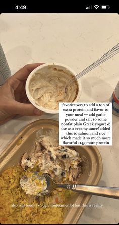 two bowls of food with spoons in them on a table next to a person's hand