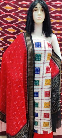 Odisha Sambalpuri Handloom Cotton Dress Piece with Dupatta Festive Multicolor Ikat Print Dress, Traditional Ikat Print Dress For Festive Season, Traditional Ikat Print Festive Dress, Multicolor Handloom Dress With Traditional Drape, Transitional Multicolor Mulmul Salwar Kameez, Traditional Ikat Print Patterned Dress, Traditional Patterned Dress With Ikat Print, Multicolor Ikat Print Straight Kurta Set, Festive Multicolor Ikat Print Kurta