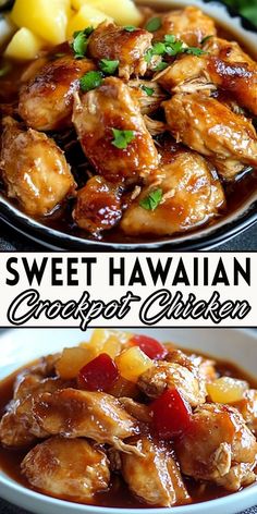 two pictures of sweet hawaiian chicken with pineapple sauce