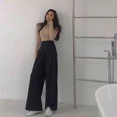 Women's High Waist Casual Long Pants, Wide Straight Leg Pants, Retro, Solid Color, Korean Fashion, Spring, 2021 Fashion Autumn/Spring The Gray and Black pants corresponds to the second size guide. Brown and Gray pants corresponds to the first size guide Celana Fashion, Spring Suit, Boutique Fashion, Tailored Pants, High Waisted Trousers, Pants Outfit