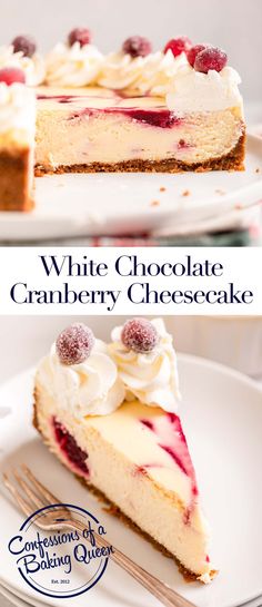 white chocolate cranberry cheesecake on a plate