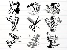 a bunch of different types of scissors and combs on lined paper with lines in the background