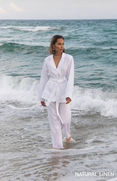 These natural women's pajama-style suits are made of organic linen fabric and are perfect for a walk or for home. Details are a belt on the waist and wooden buttons. The suits look really gorgeous!  This material absorbs excess moisture from the skin and does not conduct static electricity. Composition: 100% linen WE OFFER DISCOUNTS ON THE MULTIPLE ORDER (just write to us to know the details). Elegant and comfortable linen jacket and pants. The perfect outfit for everyday or special occasions. A Luxury White Cotton Silk Sets, Luxury Unstitched White Sets, Luxury Off-white Silk Sets, Luxury Traditional White Sets, Luxury Linen Sets For Women, Luxury White Sleepwear For Spring, Chic Luxury Linen Sets, Luxury White Tunic Sets, Luxury White Sets For Wedding Guests