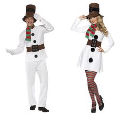 two people dressed in costumes and hats, one is wearing a snowman costume while the other wears a santa claus hat