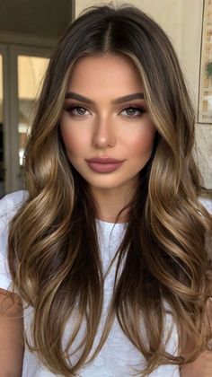 Layered Curls Brunettes Long 💖 Long Hairstyles Brunette, Long Brunette Hairstyles, Burnett Hair, Cherry Highlights, Long Curled Hair, Ombre Brunette, Brunette Shades, Deep Black Hair