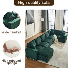 the sectional sofa is green in color and features different types of pillows, which can be used